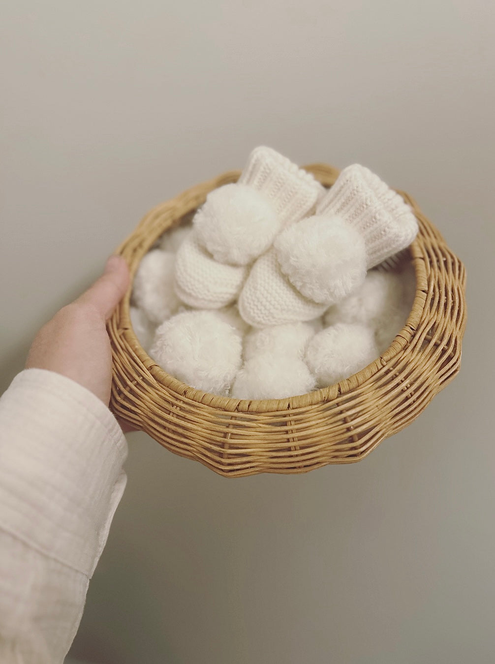 Merino Wool Baby Booties. Pom Pom. Off White