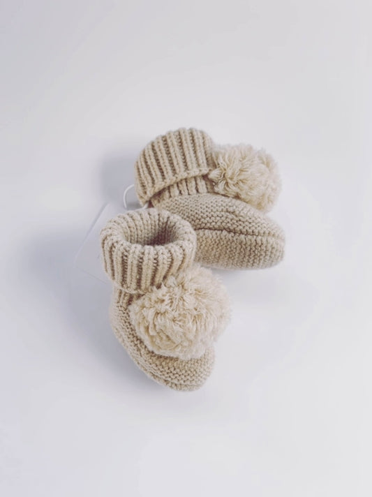 Merino Wool Baby Booties. Pom Pom. Oat