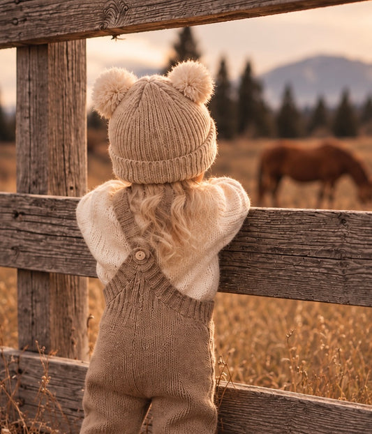 Merino Wool Baby Hat. Double Pom Poms. Oat.