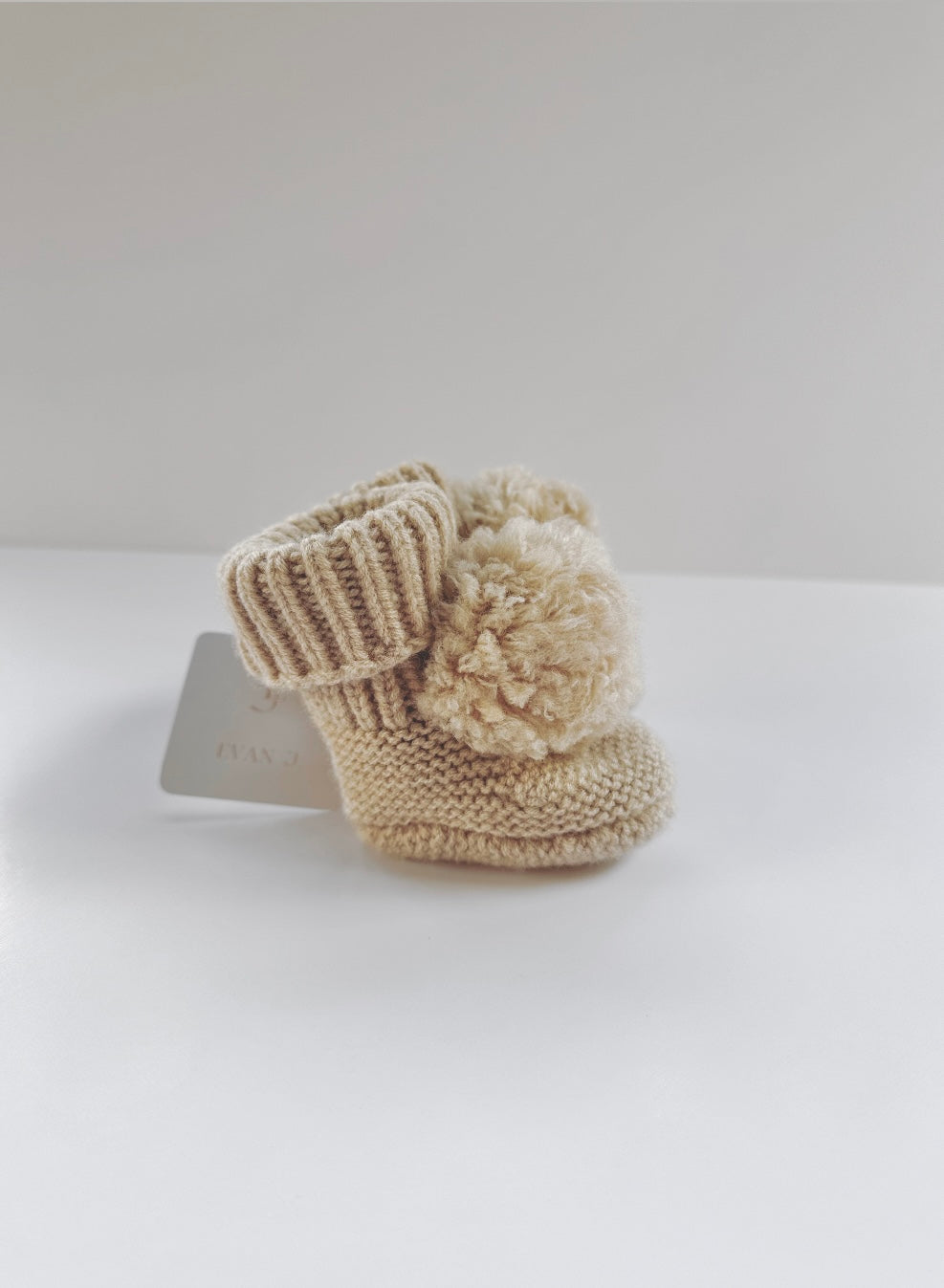 Merino Wool Baby Booties. Pom Pom. Oat