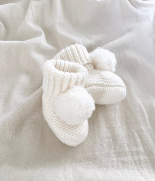 Merino Wool Baby Booties. Pom Pom. Off White
