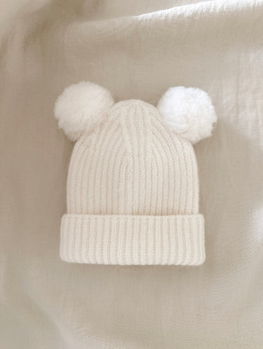Merino Wool Baby Hat. Double Pom Poms. Off White