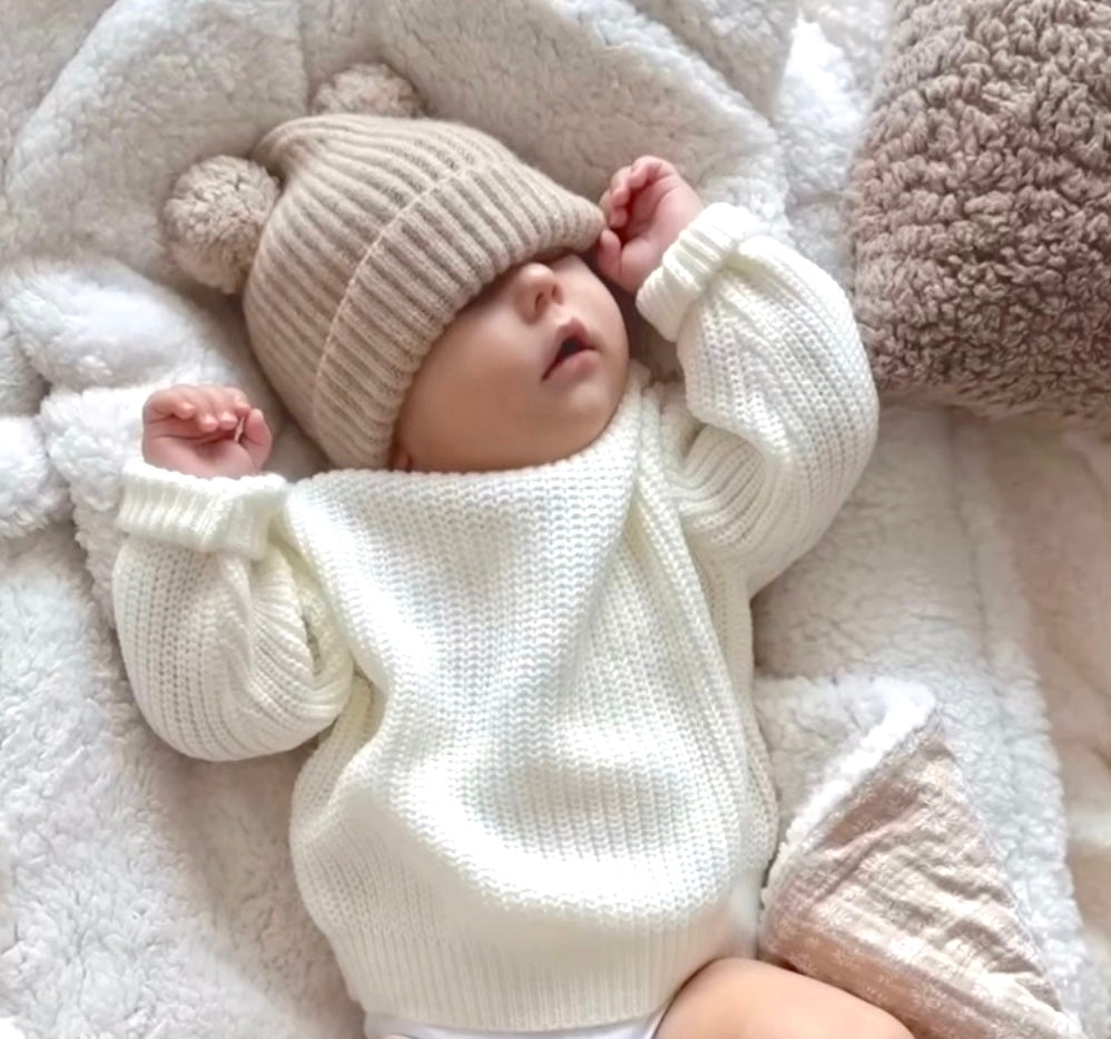 Merino Wool Baby Hat with Double Pom Poms. Oat.