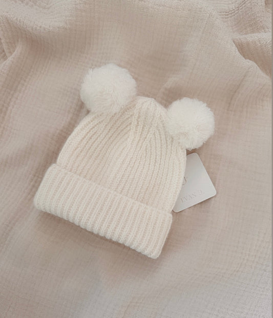 Merino Wool Baby Hat. Double Pom Poms. Off White