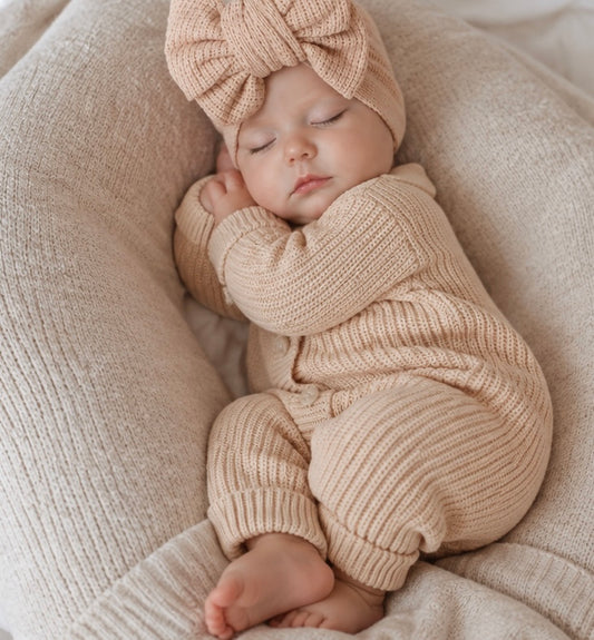 Cotton Knit Baby Romper. Apricot