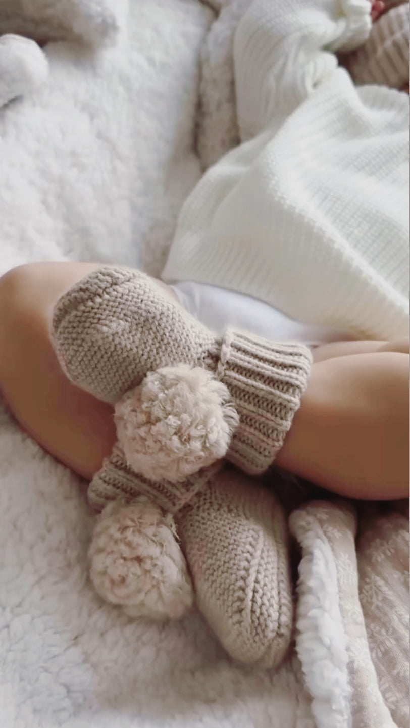 Merino Wool Baby Booties. Pom Pom. Oat